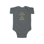 Gray baby onesie with yellow text on a white background