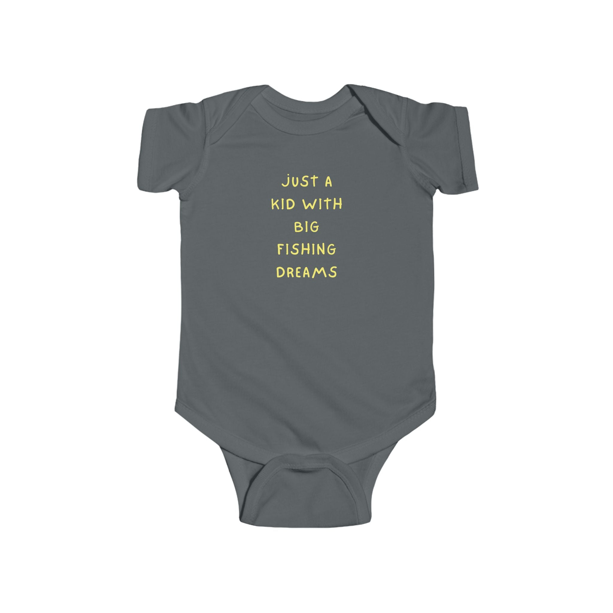 Gray baby onesie with yellow text on a white background