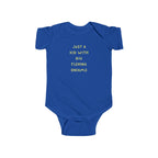 Blue baby onesie with text on a white background