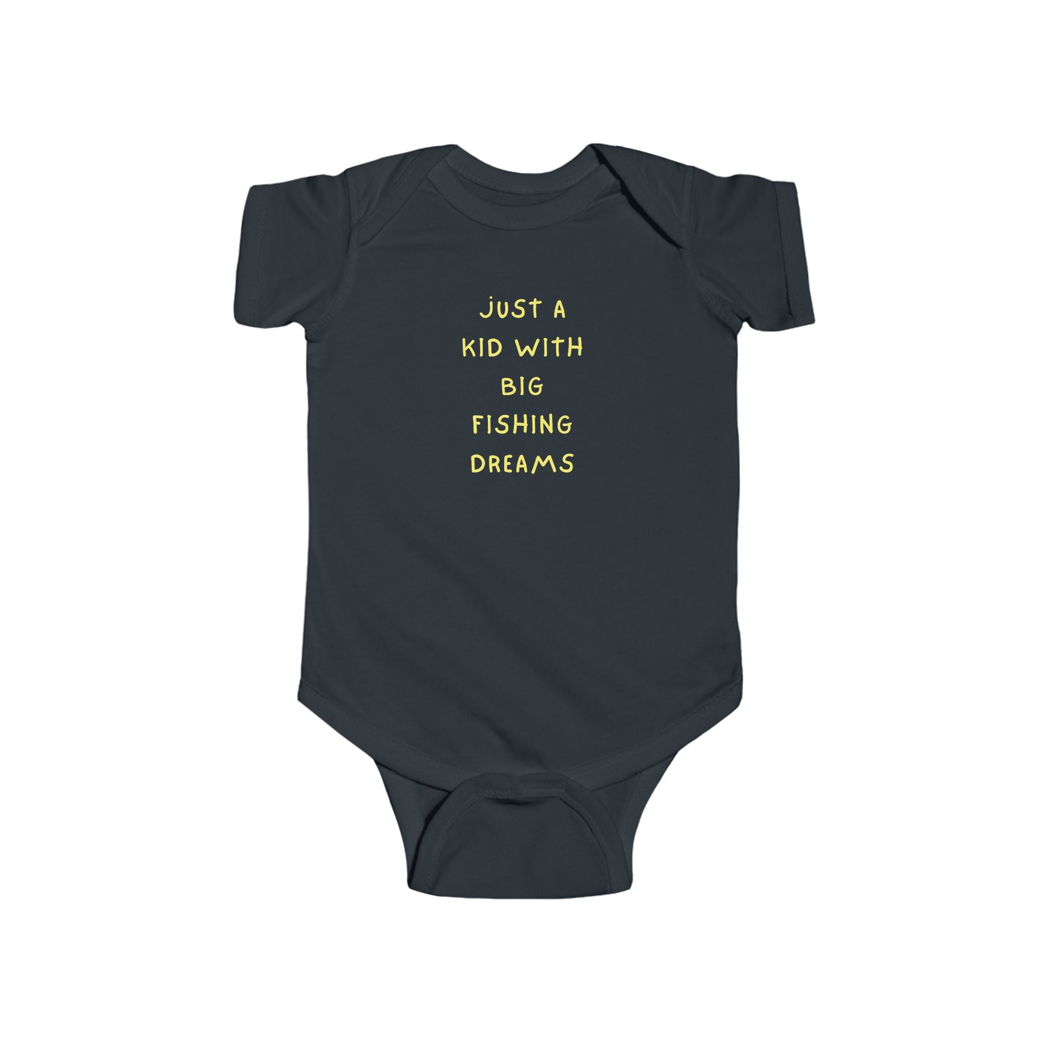 Navy blue baby onesie with yellow text on a white background