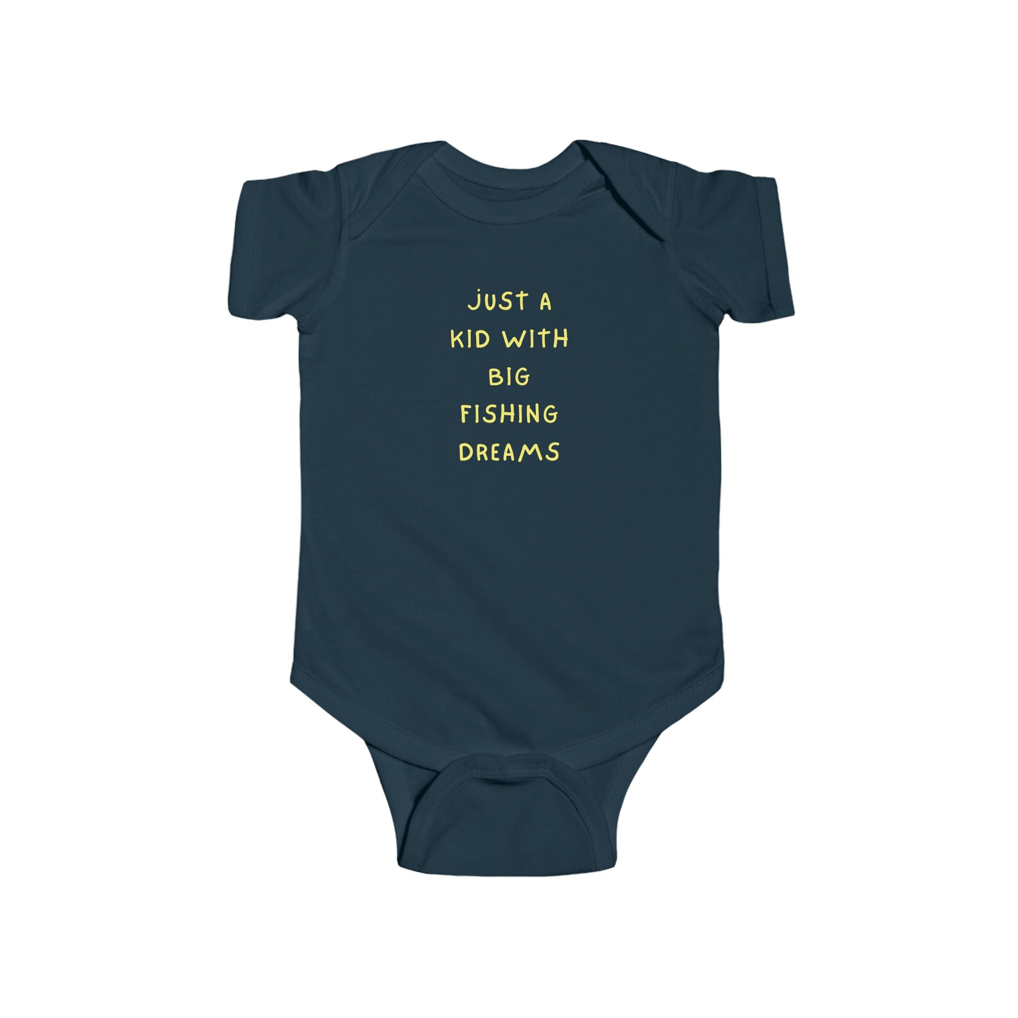 Navy blue baby onesie with yellow text on a white background