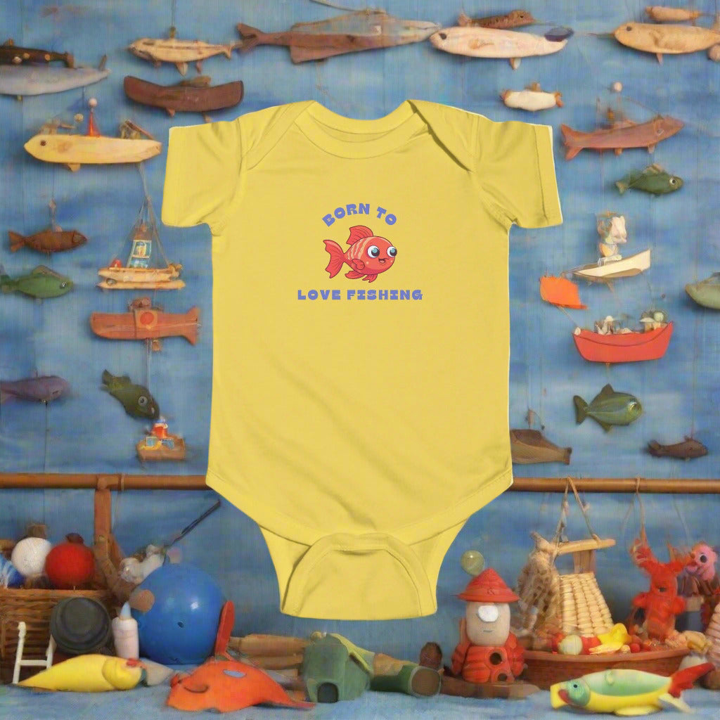 "Born To Love Fishing" new fishing onesie from Dad Bod Summer. This is for any baby who will grow up to love fishing. 