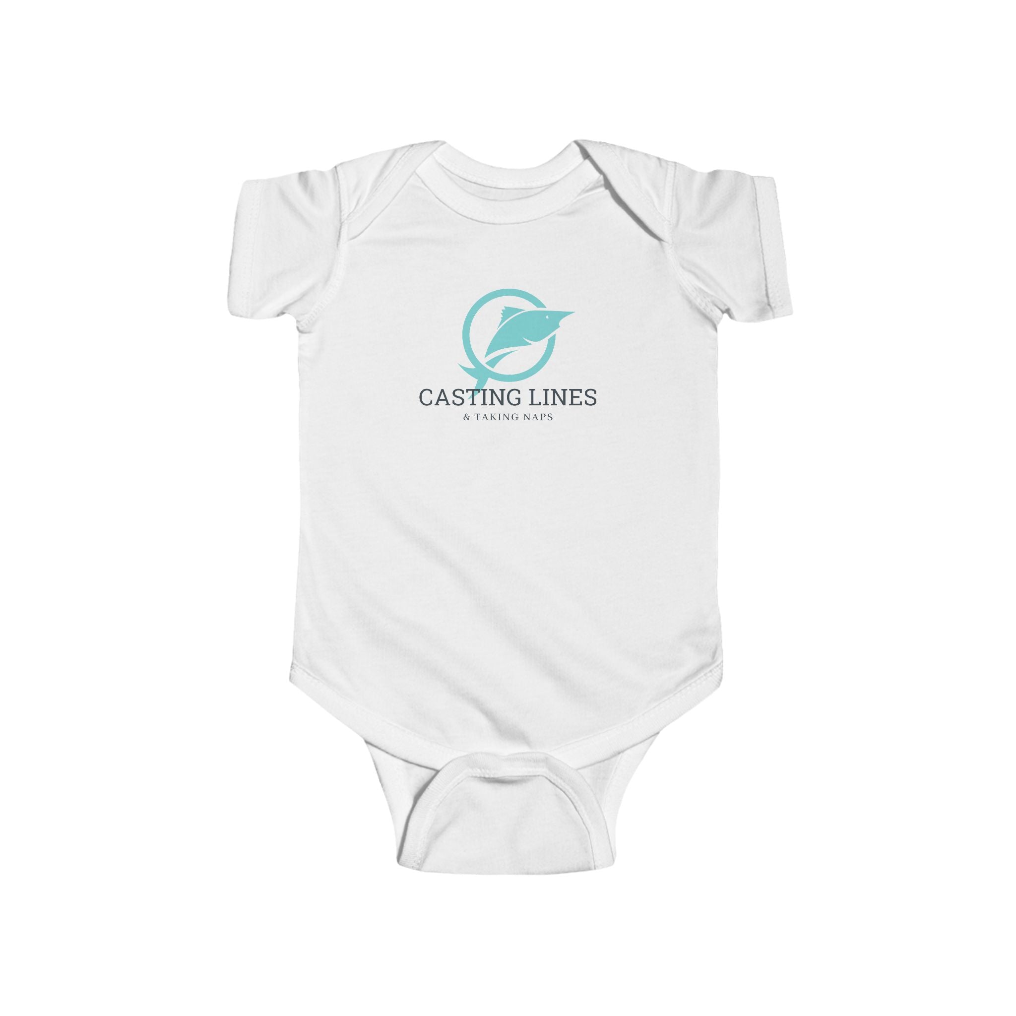 White baby onesie with 'Casting Lines' logo on a white background