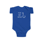 Blue baby onesie with 'Fish Nap Repeat' text and fish hook graphic on a white background