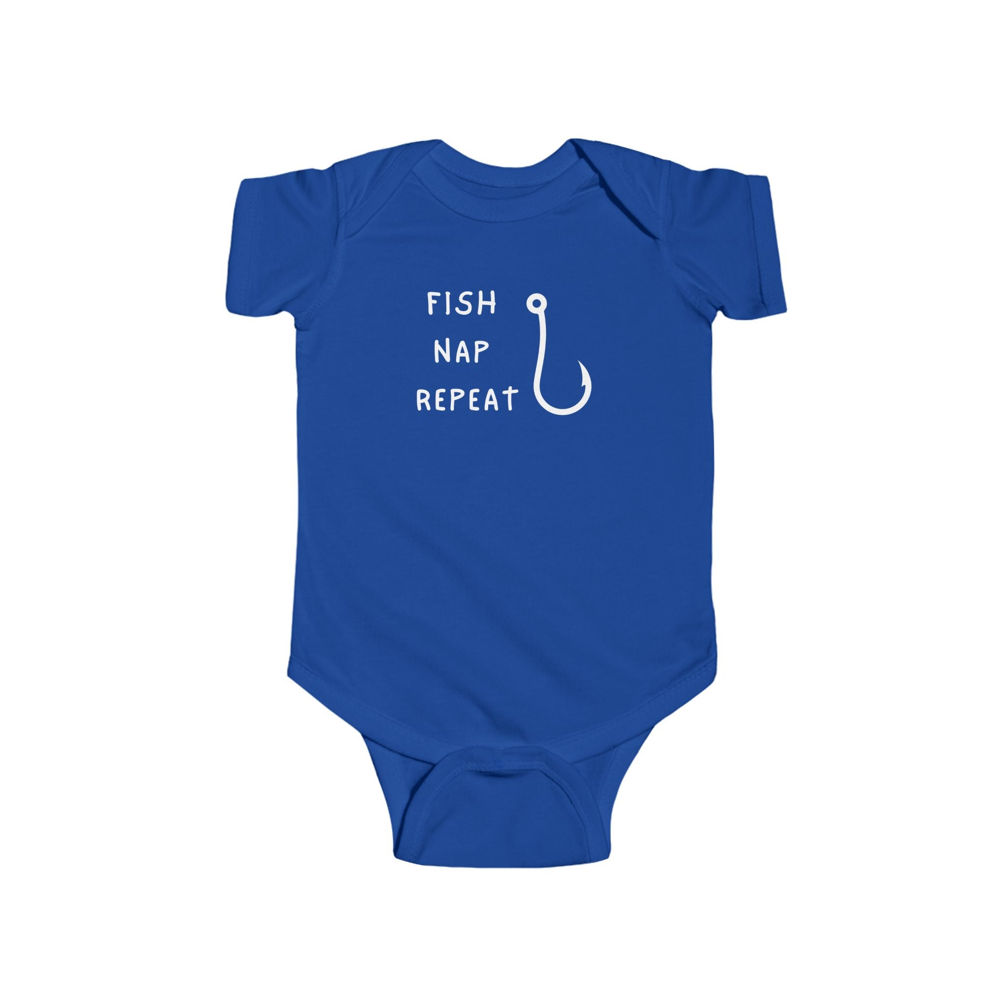 Blue baby onesie with 'Fish Nap Repeat' text and fish hook graphic on a white background