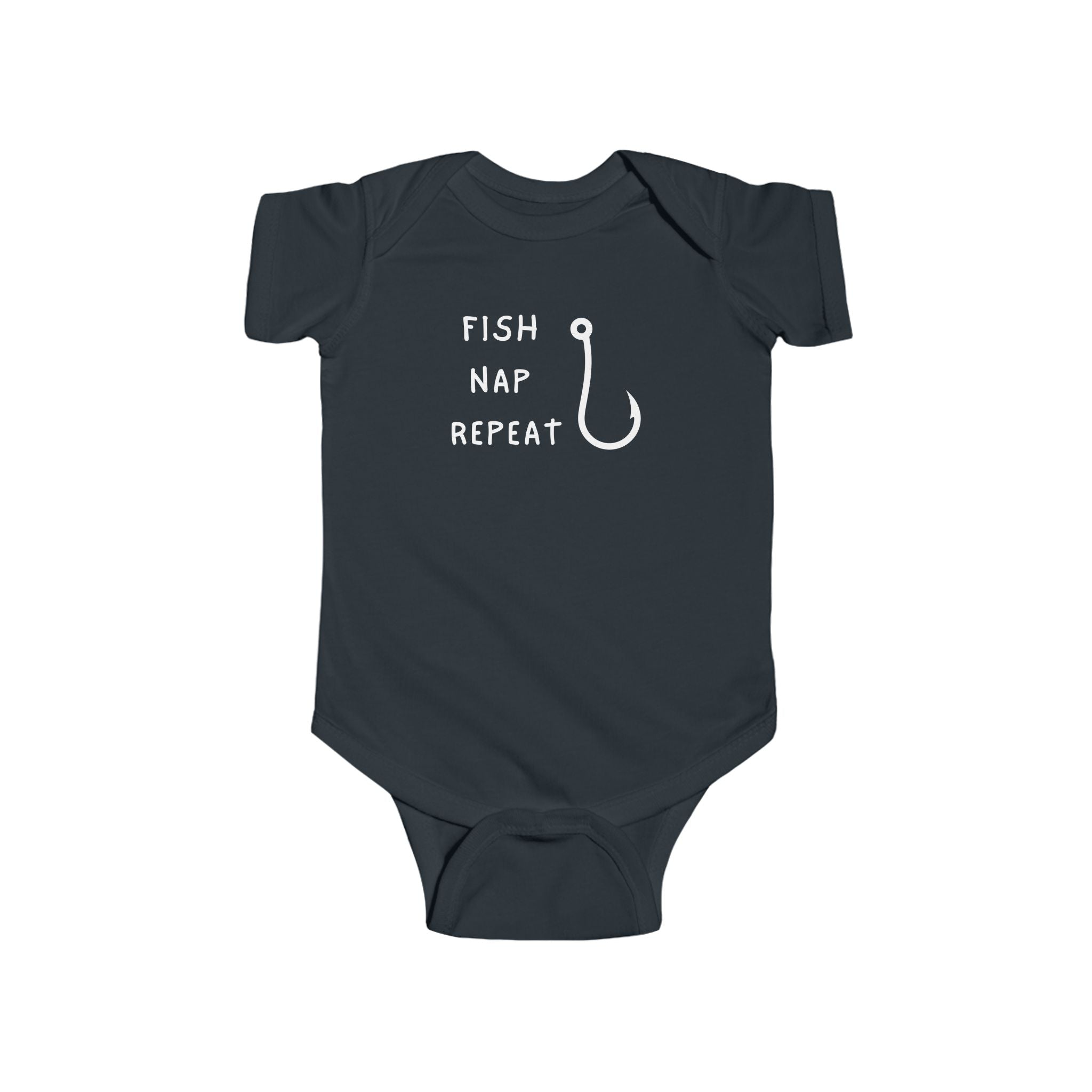 Navy blue baby onesie with 'Fish Nap Repeat' text and fish hook graphic on a white background