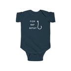 Navy blue baby onesie with 'Fish Nap Repeat' text and fish hook graphic on a white background