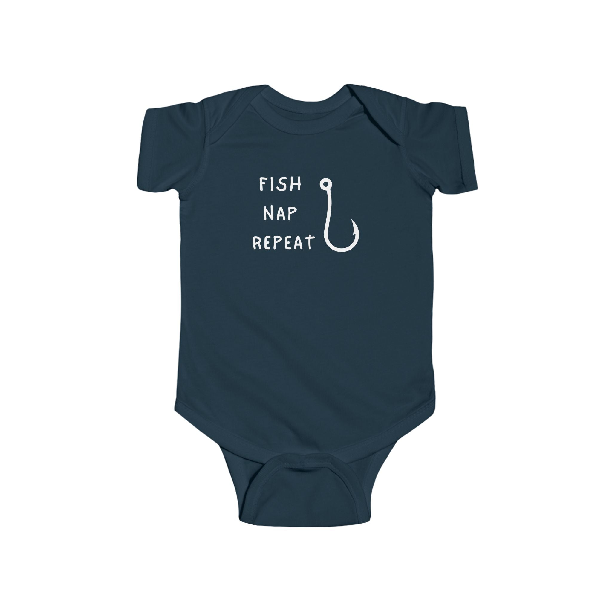 Navy blue baby onesie with 'Fish Nap Repeat' text and fish hook graphic on a white background