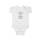 White baby onesie with text 'Just a kid with big fishing dreams' on a white background