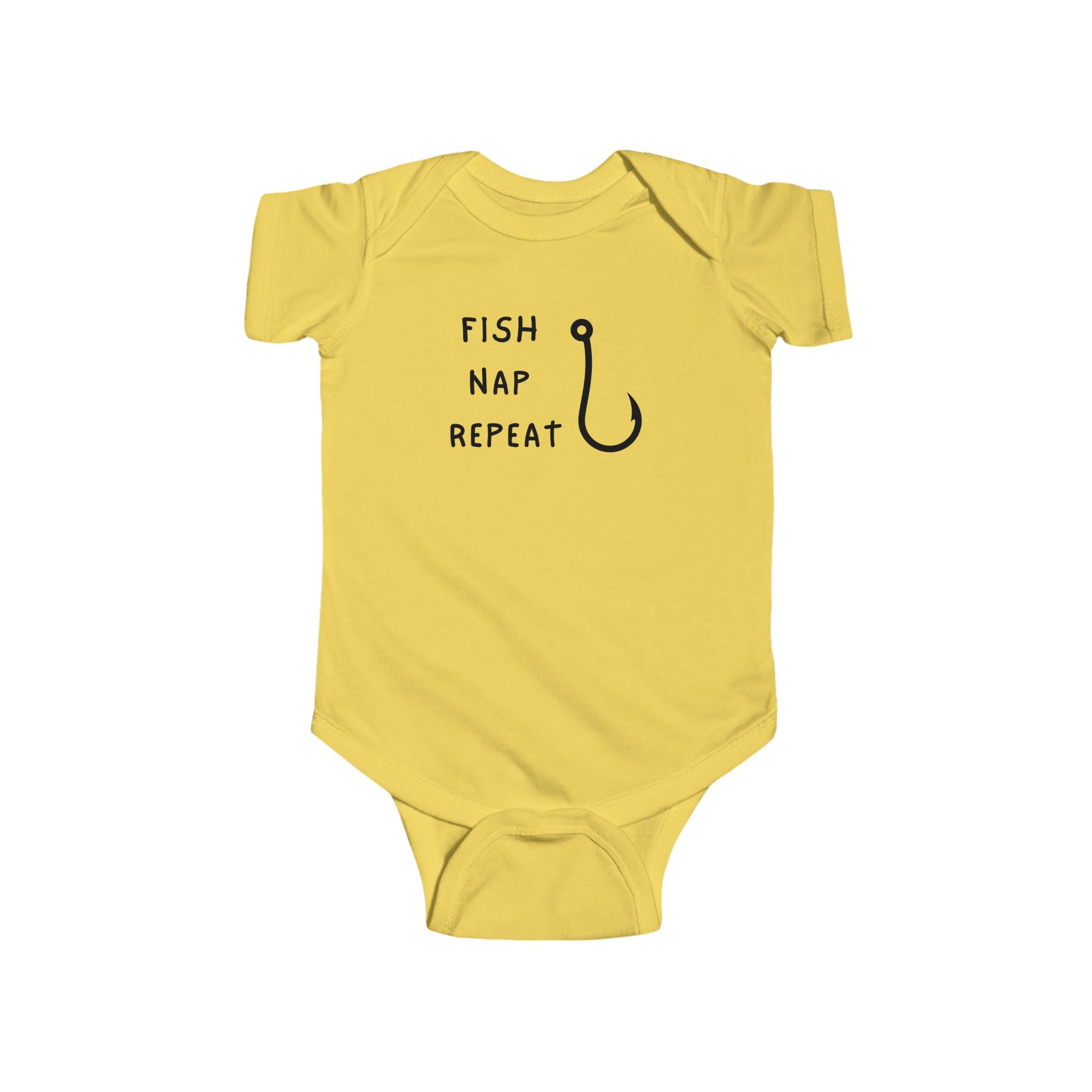 Yellow baby onesie with 'Fish Nap Repeat' text and fish hook graphic on a white background
