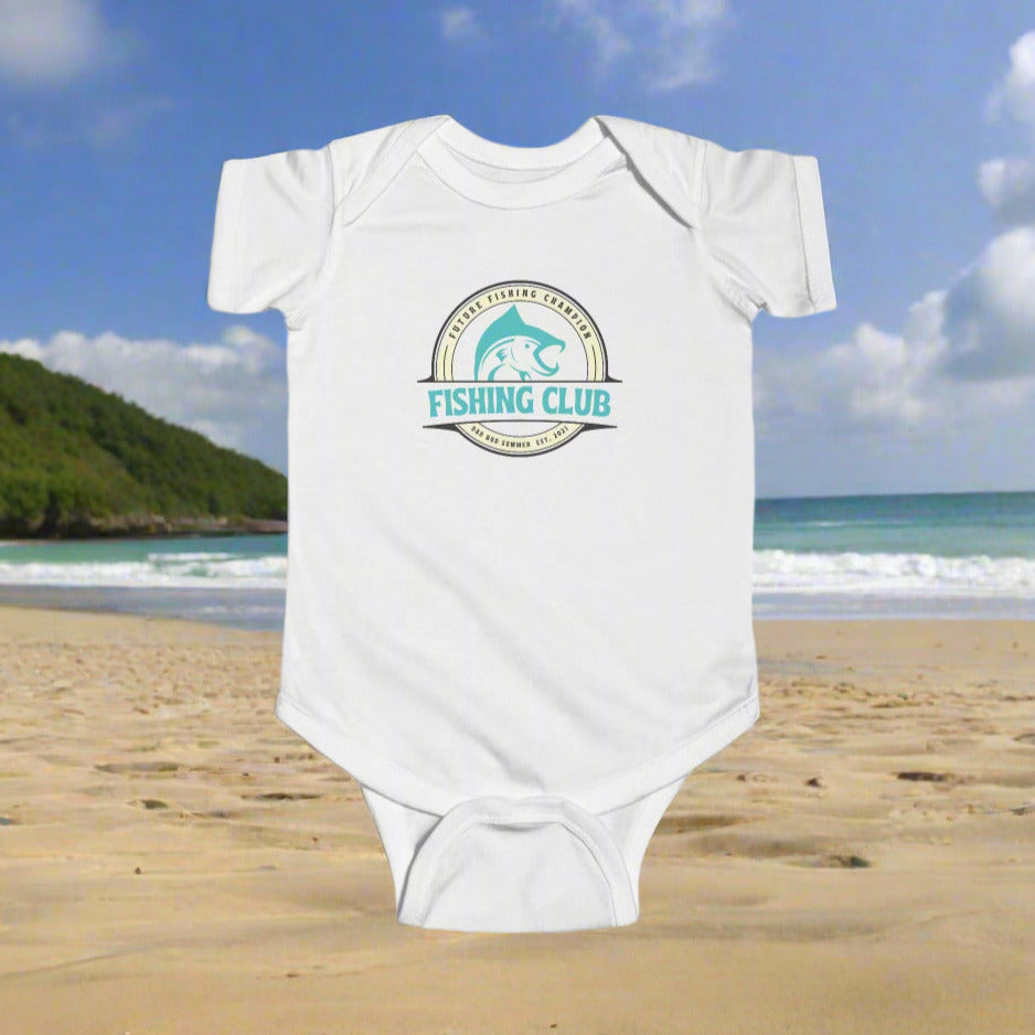 Baby Fishing Onesie by Dad Bod Summer. This baby fishing onesie says "Future Fishing Champion Fishing Club".