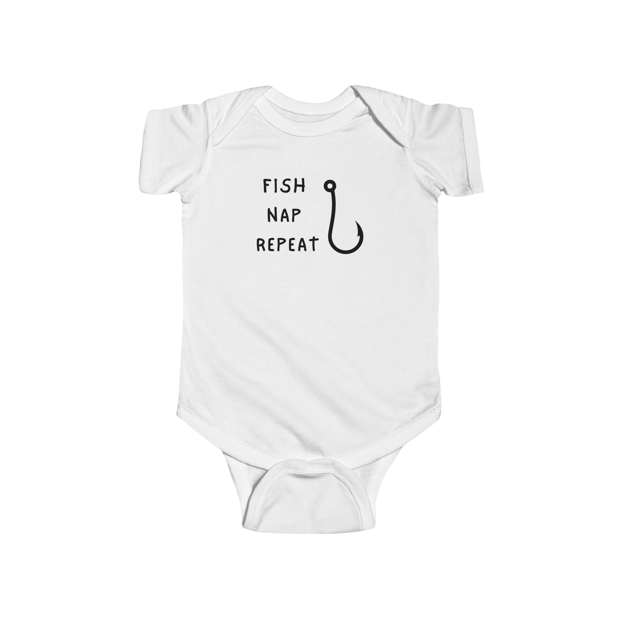 White baby onesie with 'Fish Nap Repeat' text and fish hook graphic on a white background
