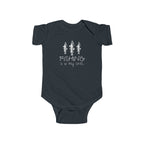 Navy blue baby onesie with 'Fishing is in my DNA' text and fish illustrations on a white background