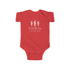 Red baby onesie with 'Fishing is my DNA' text and fish illustrations on a white background