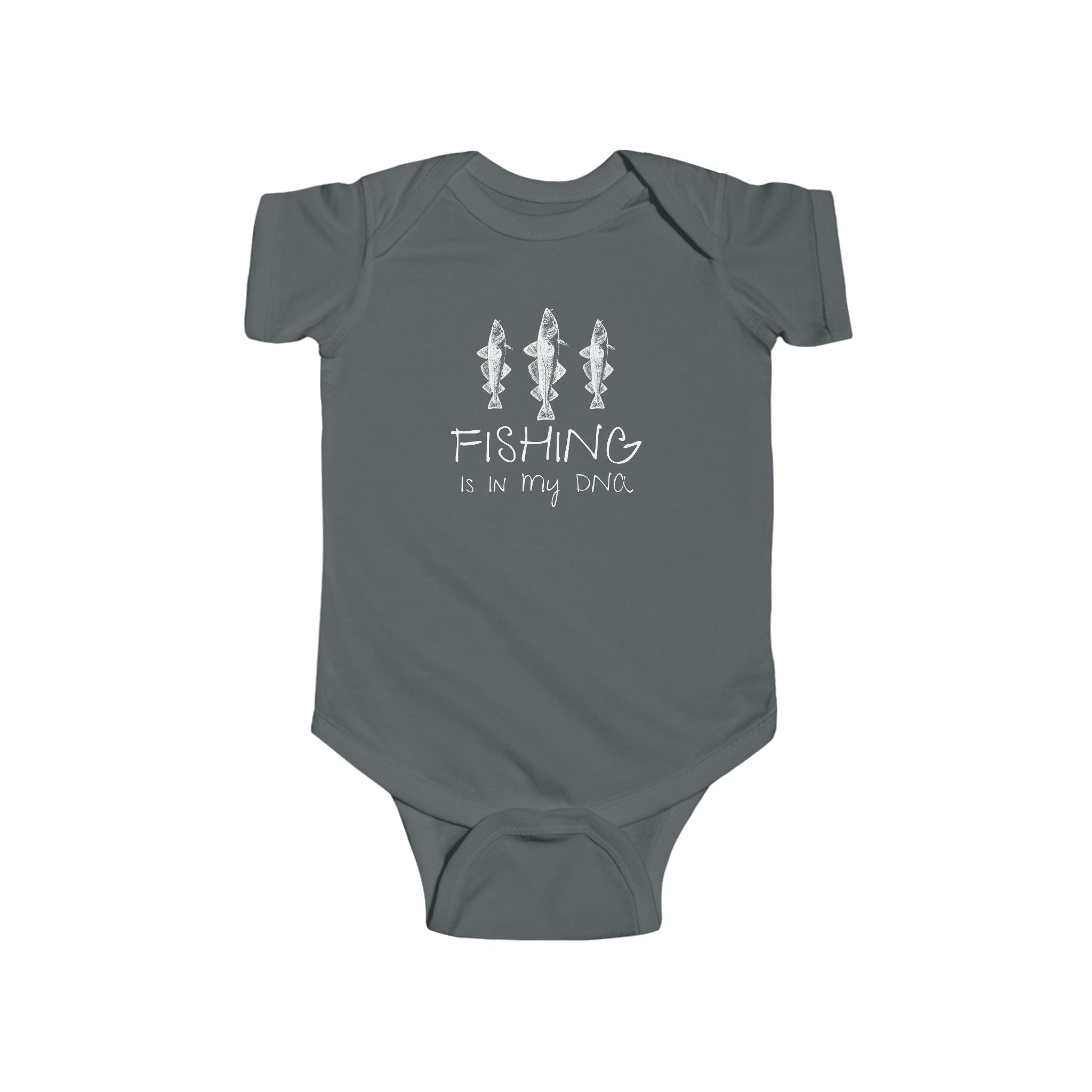 Gray baby onesie with 'Fishing is in my DNA' text and fish illustrations on a white background