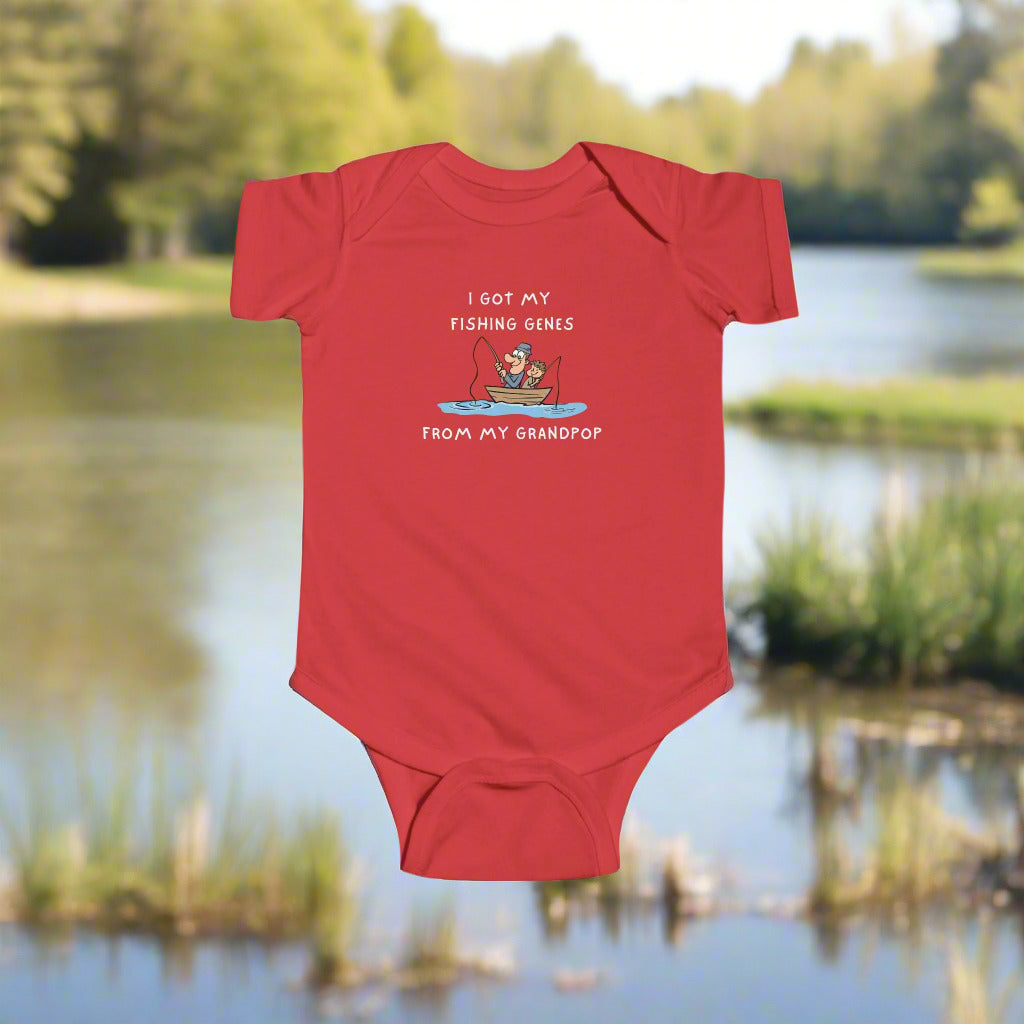 A baby fishing onesie that's a great gift for grandfathers on fathers day. It says "I Got my Genes From My Grandpop" and it's from Dad Bod Summer