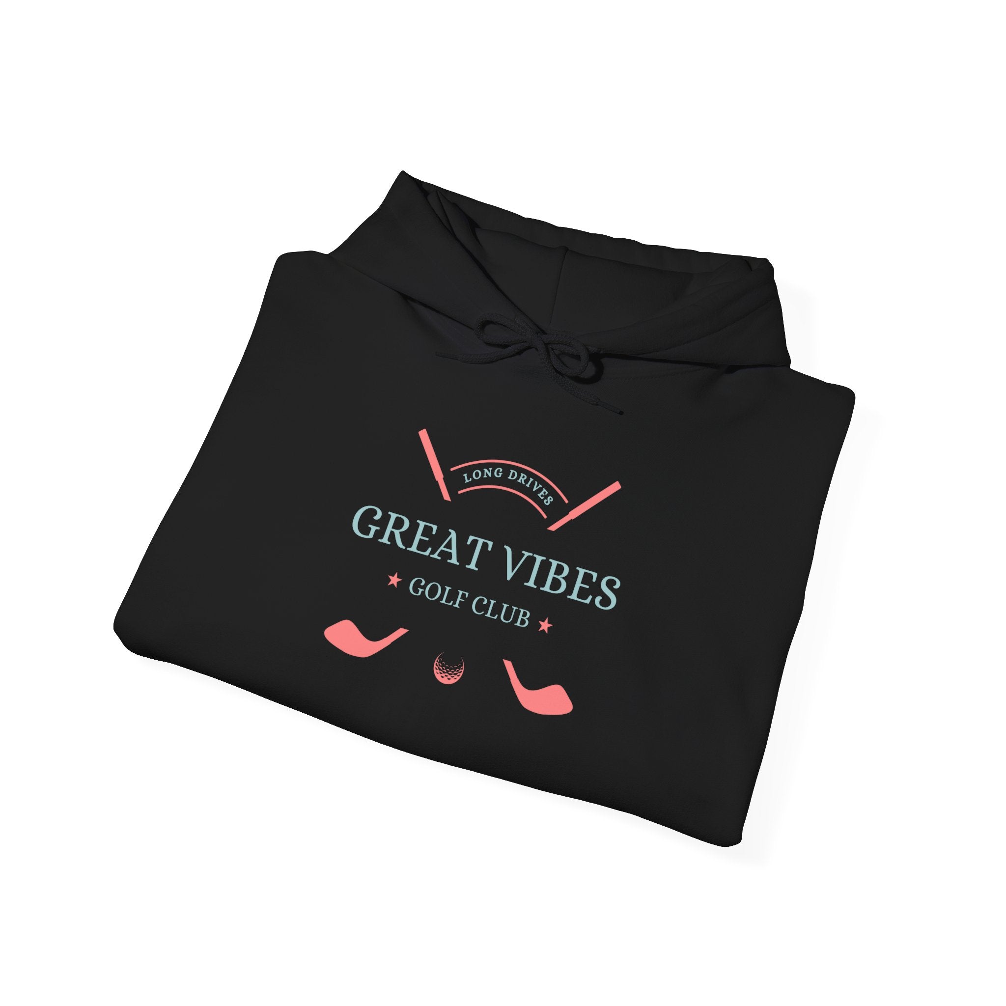 A black golf hoodie laid flat with the text 'GREAT VIBES' and 'GOLF CLUB' printed on the front.