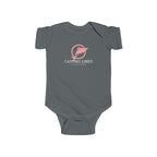 Gray baby onesie with 'Casting Lines' logo on a white background