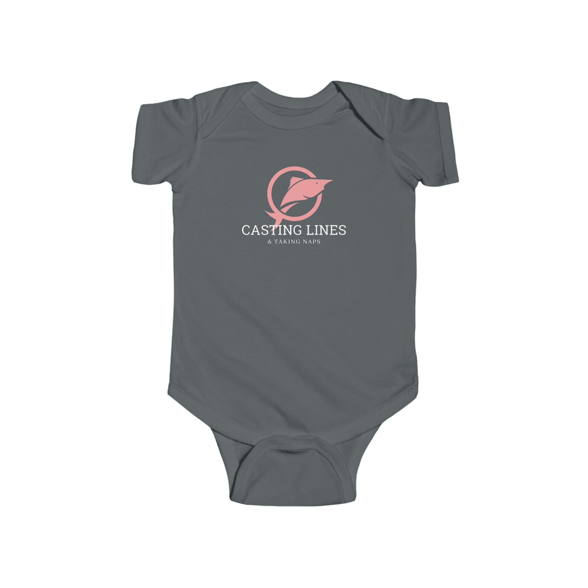 Gray baby onesie with 'Casting Lines' logo on a white background