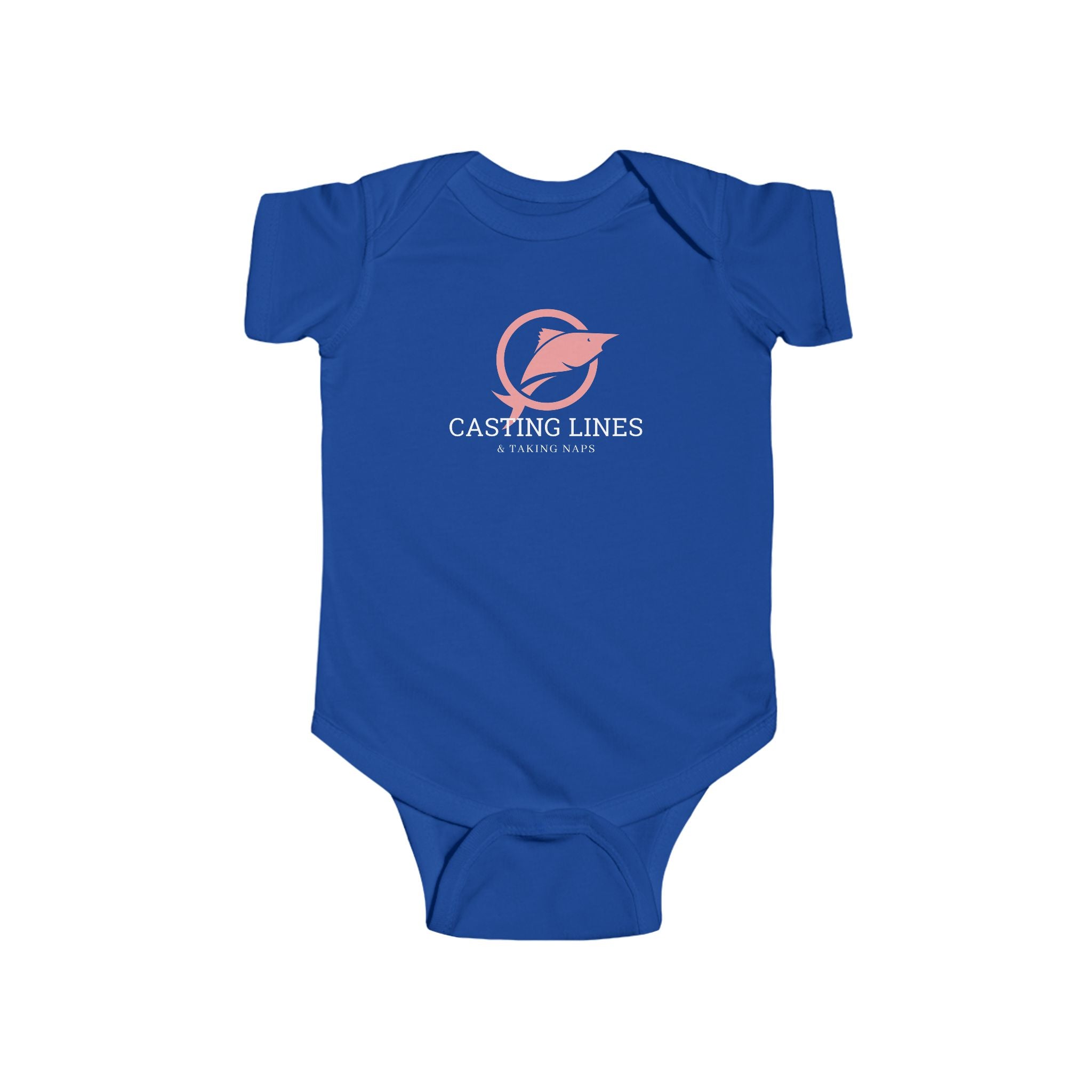 Blue baby onesie with 'Casting Lines' logo on a white background