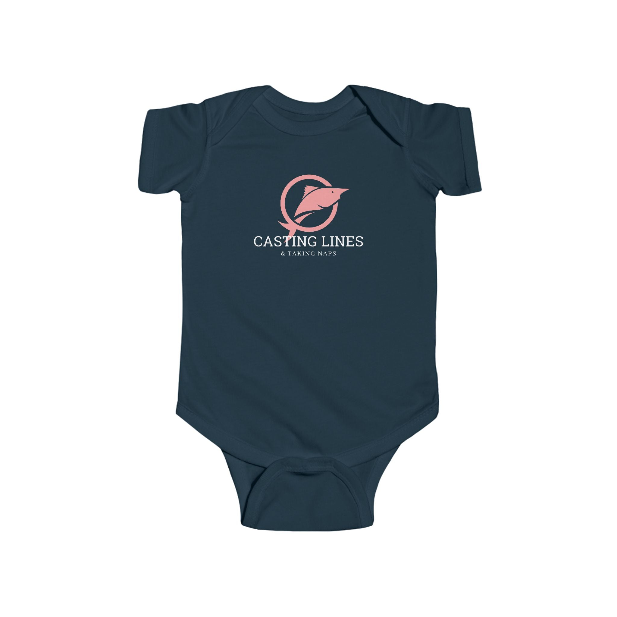 Navy blue baby onesie with 'Casting Lines' logo on a white background