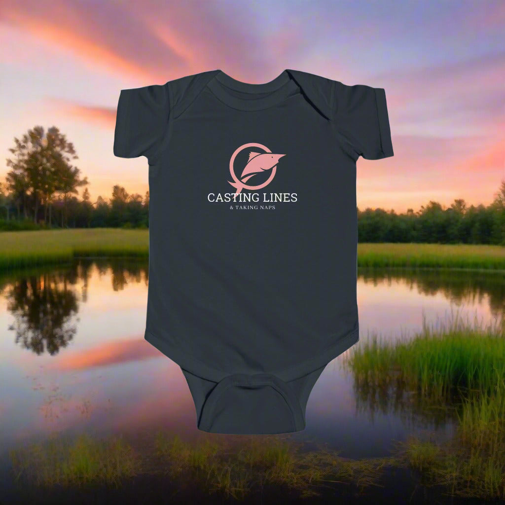 Baby Fishing Onesie that says "Casting Lines and Taking Naps". Great gift for anyone who has a new baby and loves fishing. 
