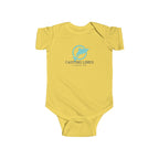 Yellow baby onesie with 'Casting Lines' logo on a white background