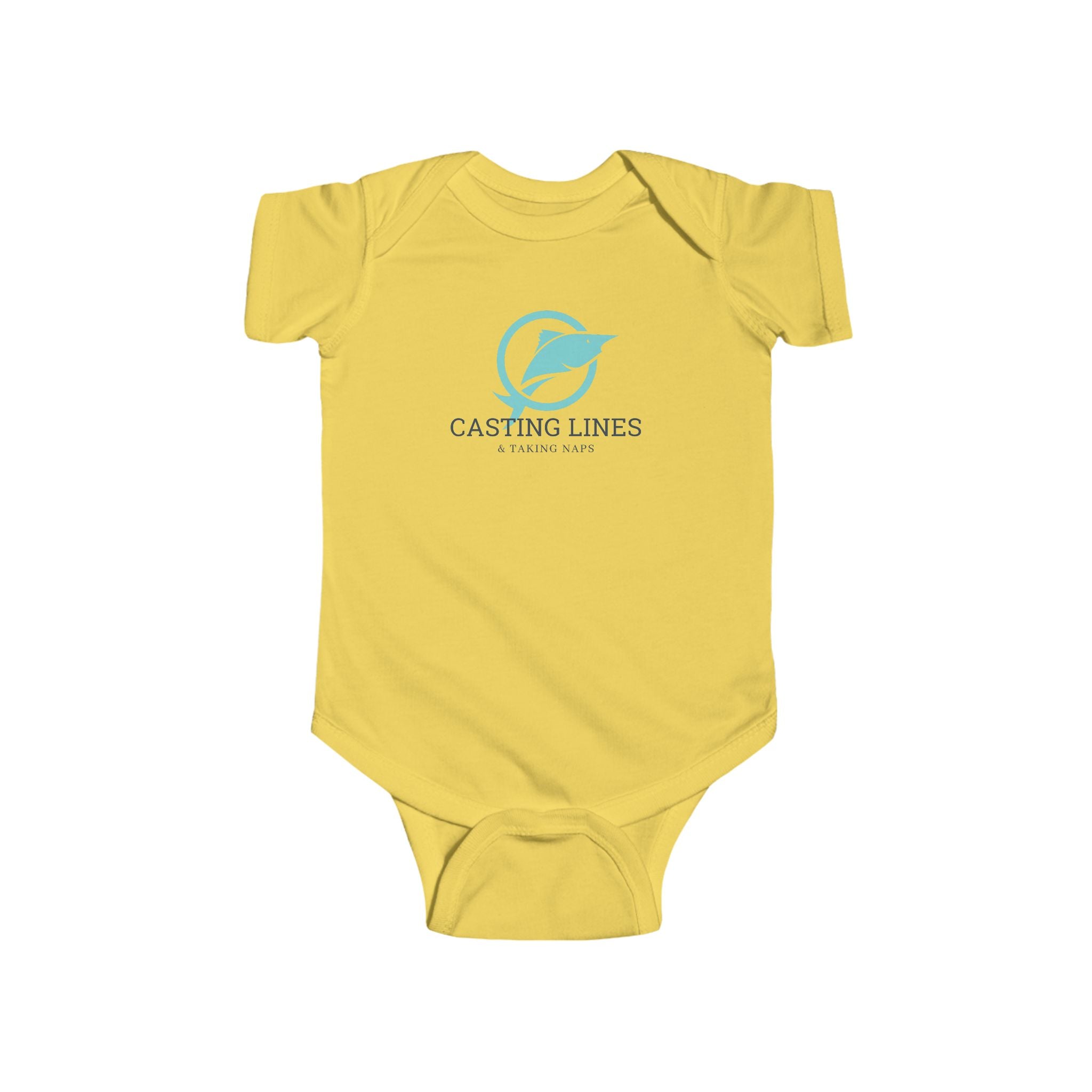 Yellow baby onesie with 'Casting Lines' logo on a white background