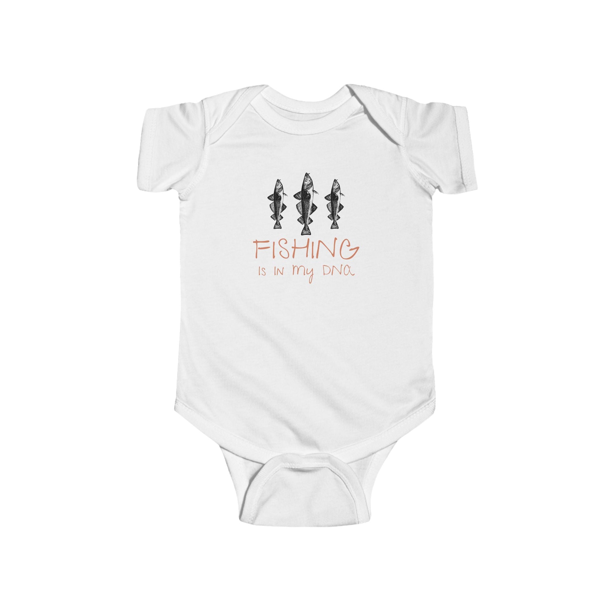White baby onesie with 'Fishing is in my DNA' text and fish illustrations on a white background
