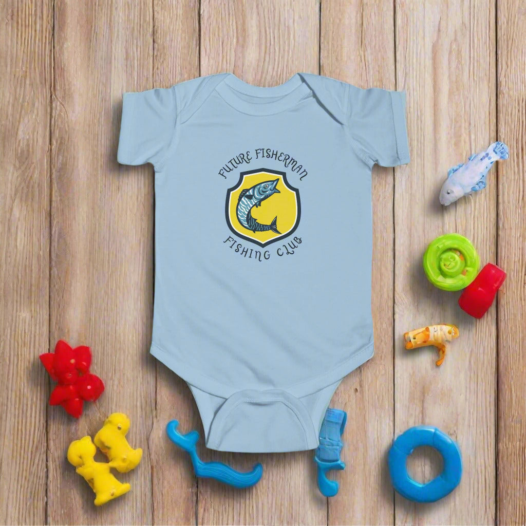 Baby Fishing Onesie by Dad Bod Summer that says "Future Fisherman Fishing Club". A great gift for any baby who will grow up loving fishing. 