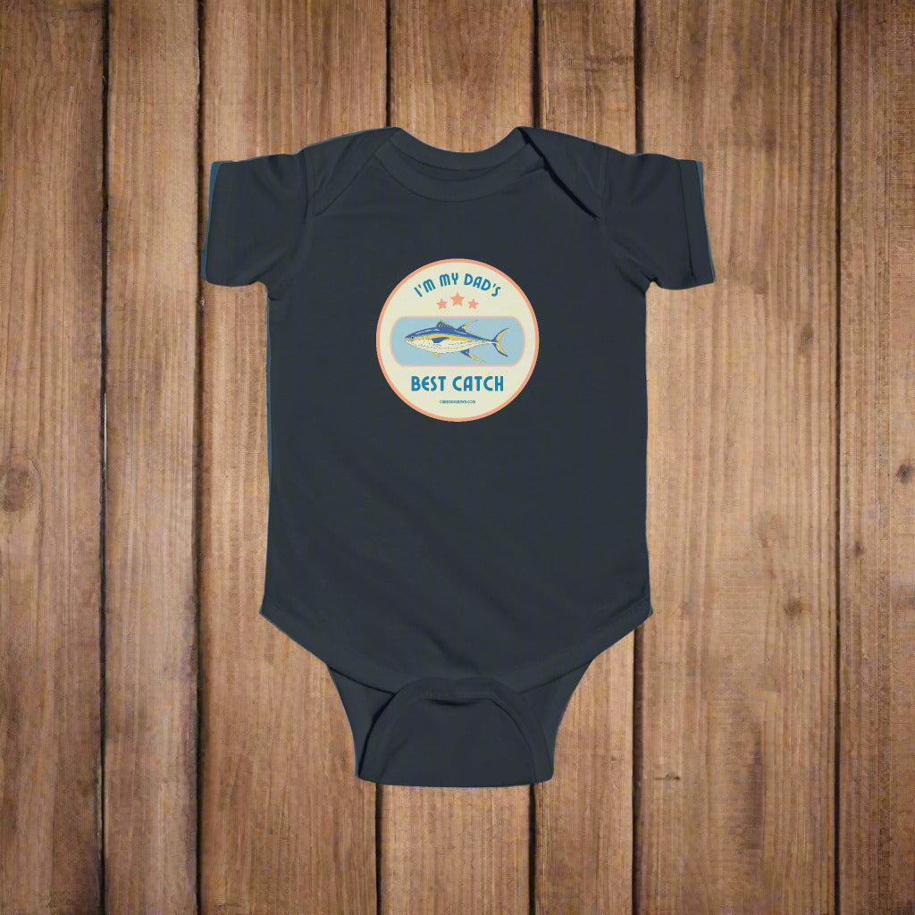 Baby Fishing Onesie from Dad Bod Summer. The theme is "I'm My Dad's Best Catch". Which is a great fathers day gift for any father who loves to fish. 