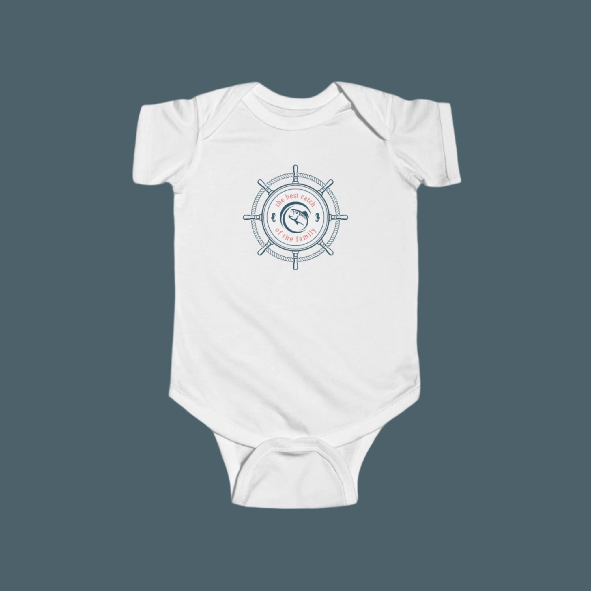 Kids Fishing Onesie that says "The Best Catch Of The Family" by Dad Bod Summer