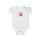 White baby onesie with a fish graphic and text on a white background