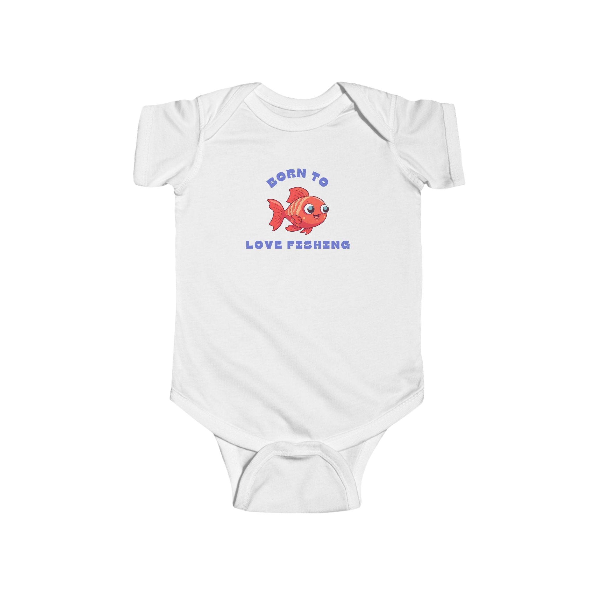 White baby onesie with a fish graphic and text on a white background