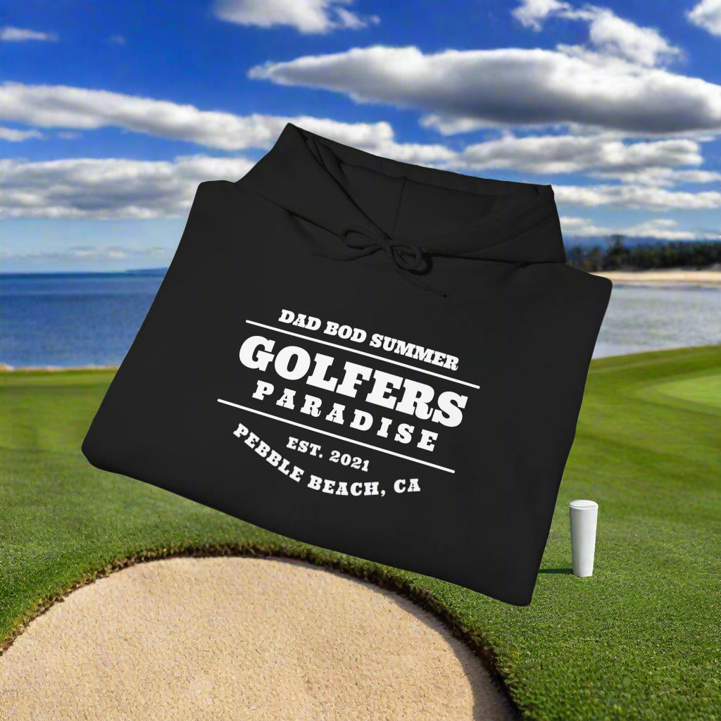 A black golf hoodie from Pebble Beach California golf course. This Golf Hoodie is great for fall and spring golf. 