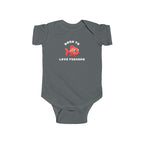 Gray baby onesie with a red fish graphic and text on a white background
