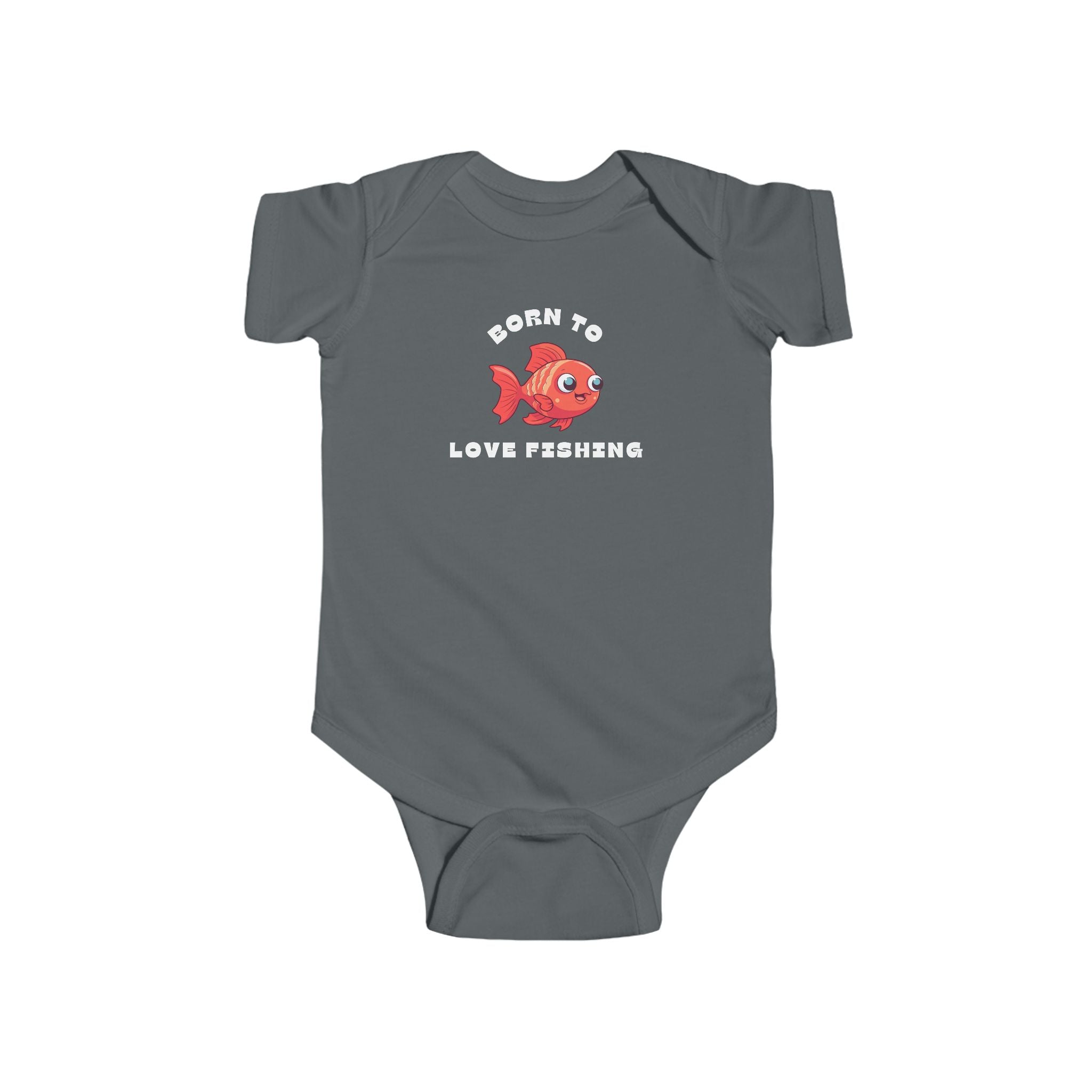 Gray baby onesie with a red fish graphic and text on a white background