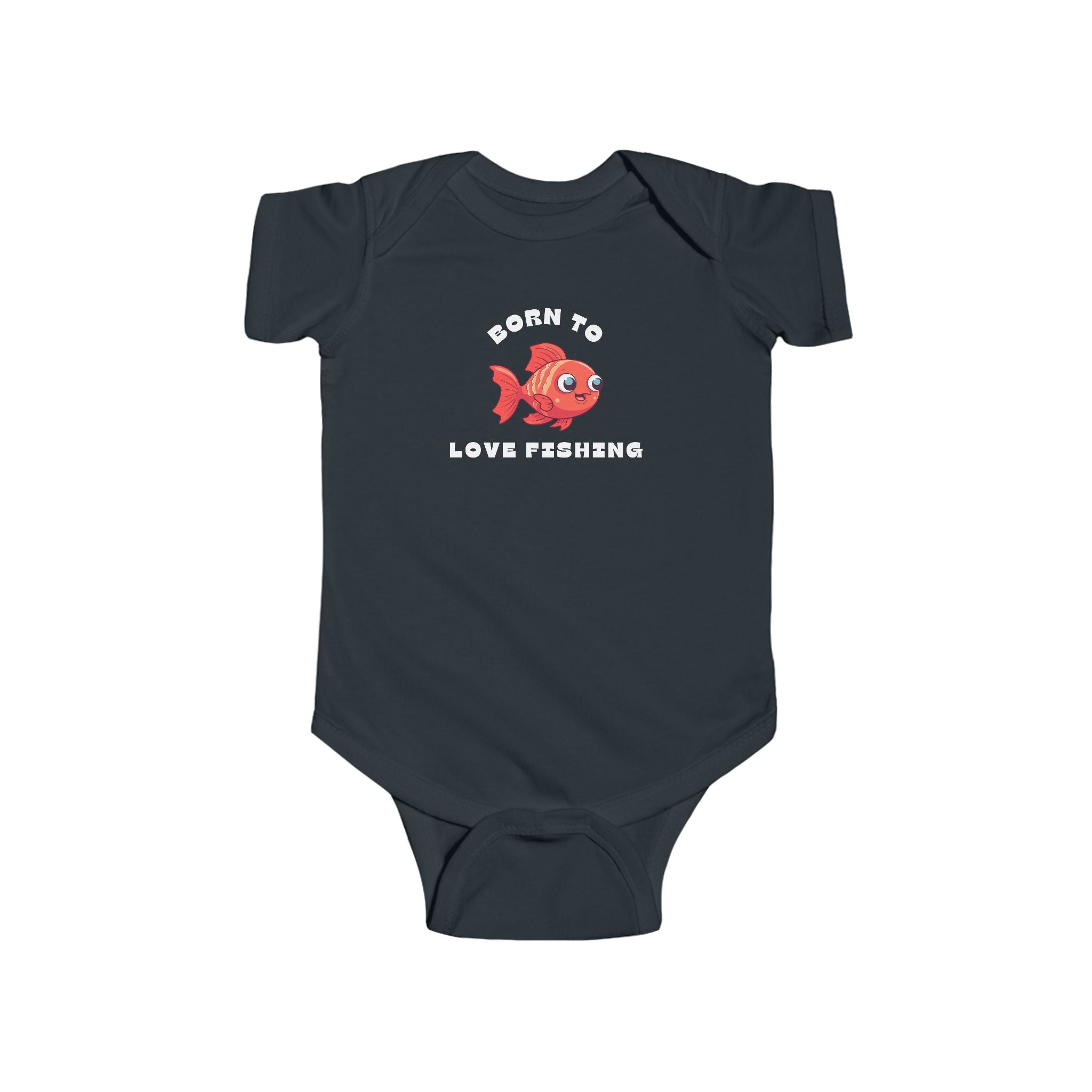 Navy blue baby onesie with red fish graphic and text on a white background