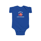 Blue baby onesie with a fish graphic and text on a white background
