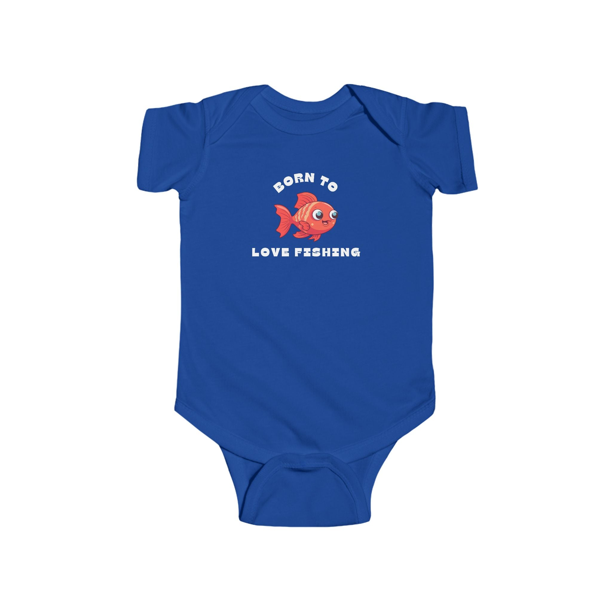 Blue baby onesie with a fish graphic and text on a white background