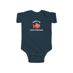 Navy blue baby onesie with a red fish graphic and text on a white background