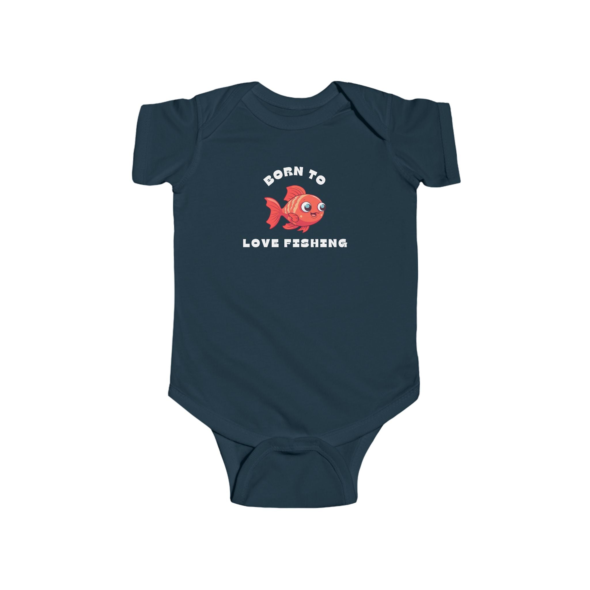 Navy blue baby onesie with a red fish graphic and text on a white background