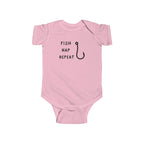 Pink baby onesie with 'Fish Nap Repeat' text and fish hook graphic on a white background