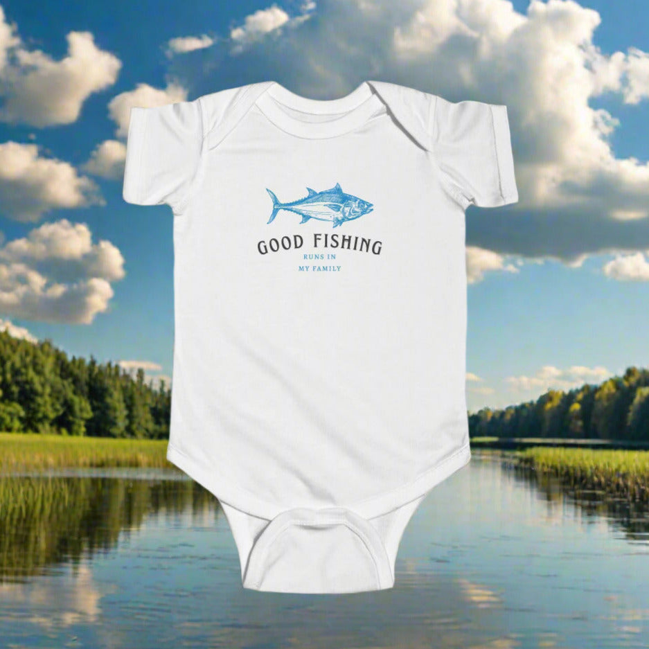 Kids Fishing Onesie that says "Good Fishing Runs In My Family"