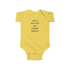 Yellow baby onesie with text on a white background