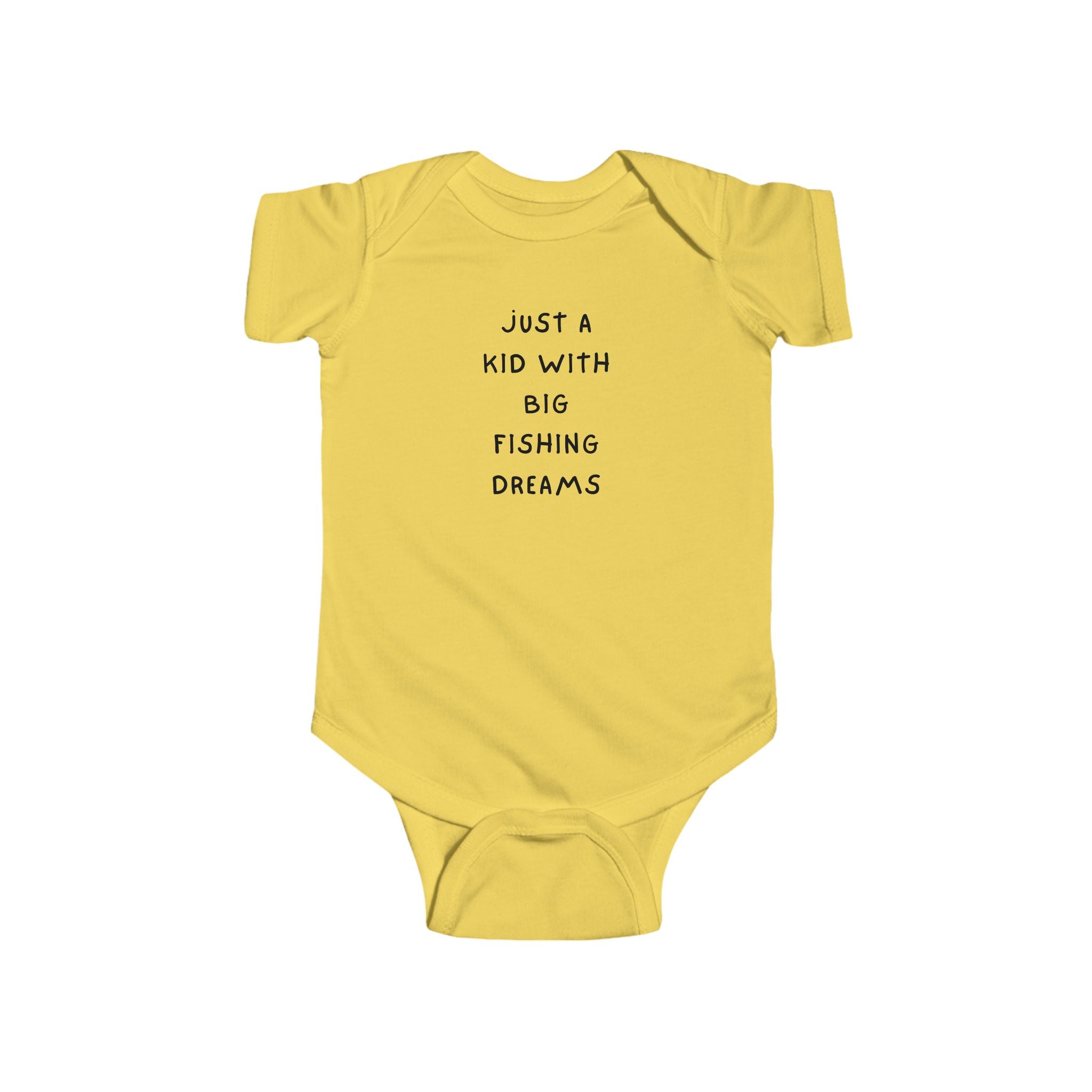 Yellow baby onesie with text on a white background