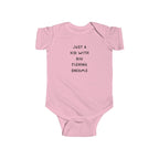 Pink baby onesie with text on a white background