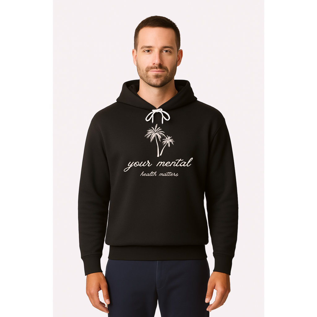 Man wearing a black hoodie with 'your mental health matters' text on a white background