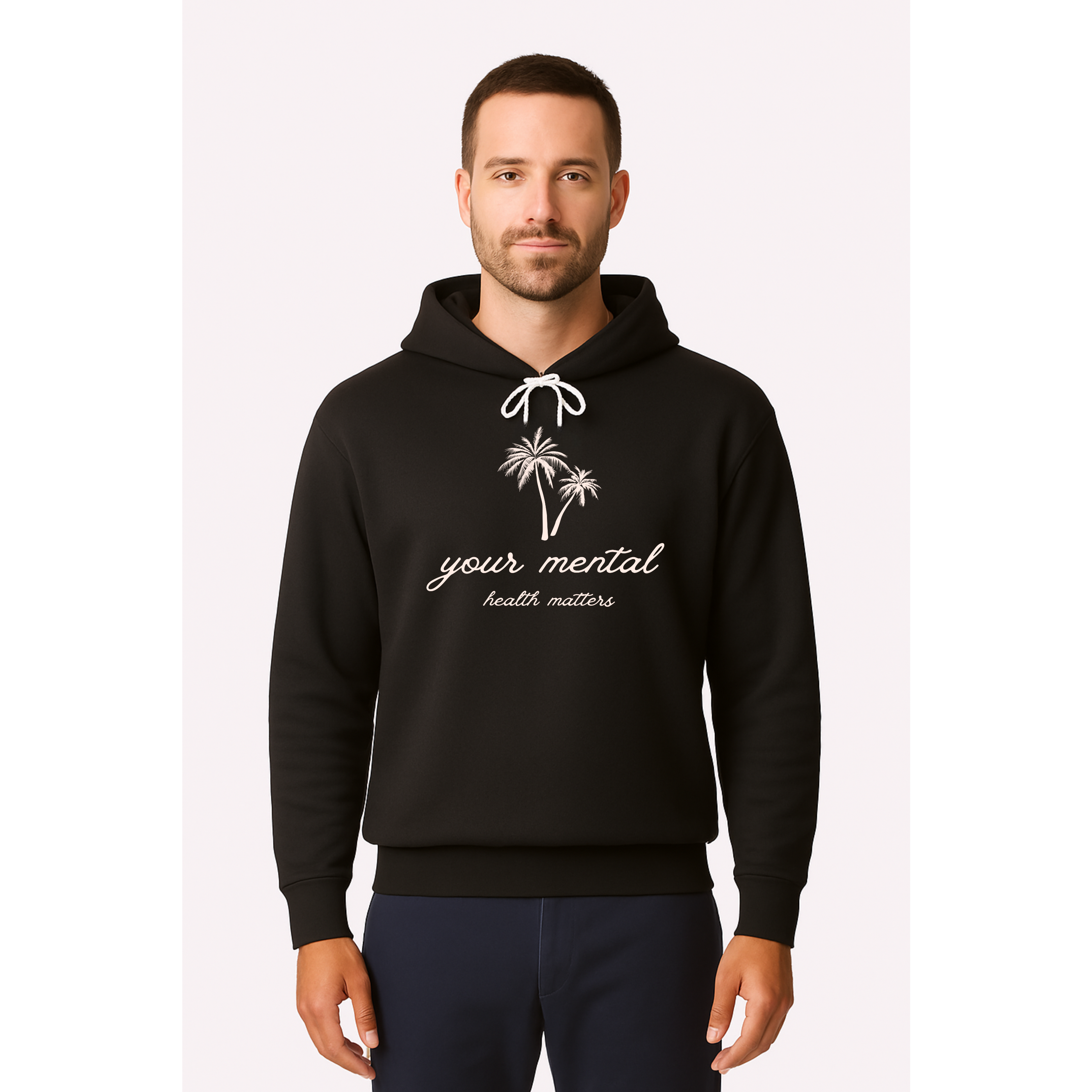Man wearing a black hoodie with 'your mental health matters' text on a white background