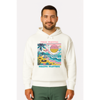 Man wearing a white hoodie with a colorful graphic design on a white background